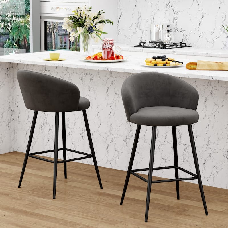 24" Height Upholstered Counter Stools With Metal Frame, Bar Chairs for Kitchen lsland with back and footrest - Set of 2 - Grey