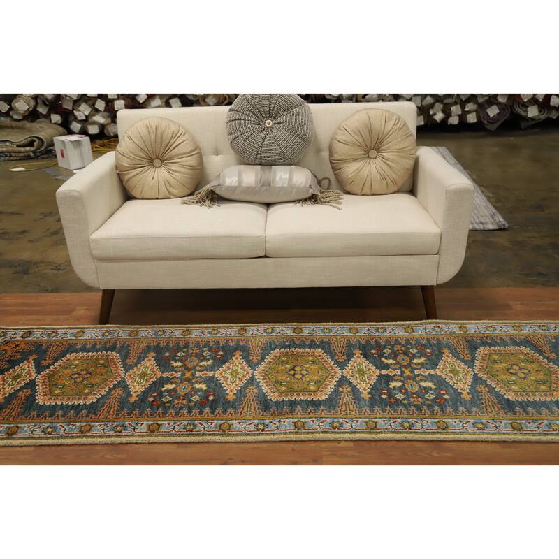 Hand Knotted Oriental 100% Wool Carpet Traditional Geometric Navy Blue & Blues Viss Runner Rug - 8' 9'' X 2' 7''