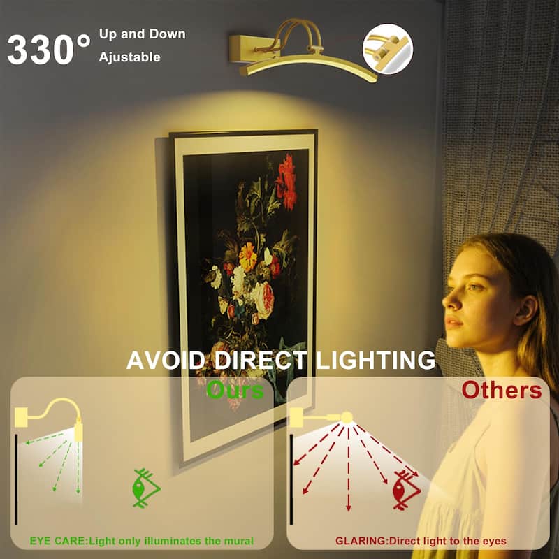 Modern 16'' Wireless Battery Operated Dimmable Picture Light with Remote Control and Adjustable Arm