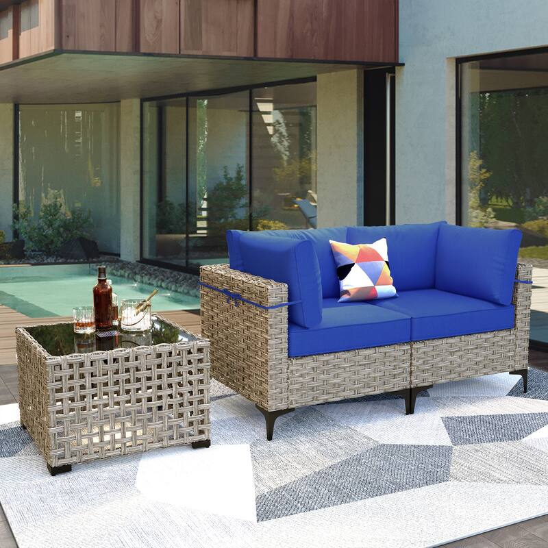 OVIOS 3 Pieces Outdoor Wicker Furniture Set With Solar-Powered Coffee Table - Navy Blue