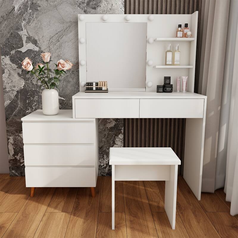 LED Light Makeup Vanity Table w/ Mirror,Drawers,Stool and Compartments