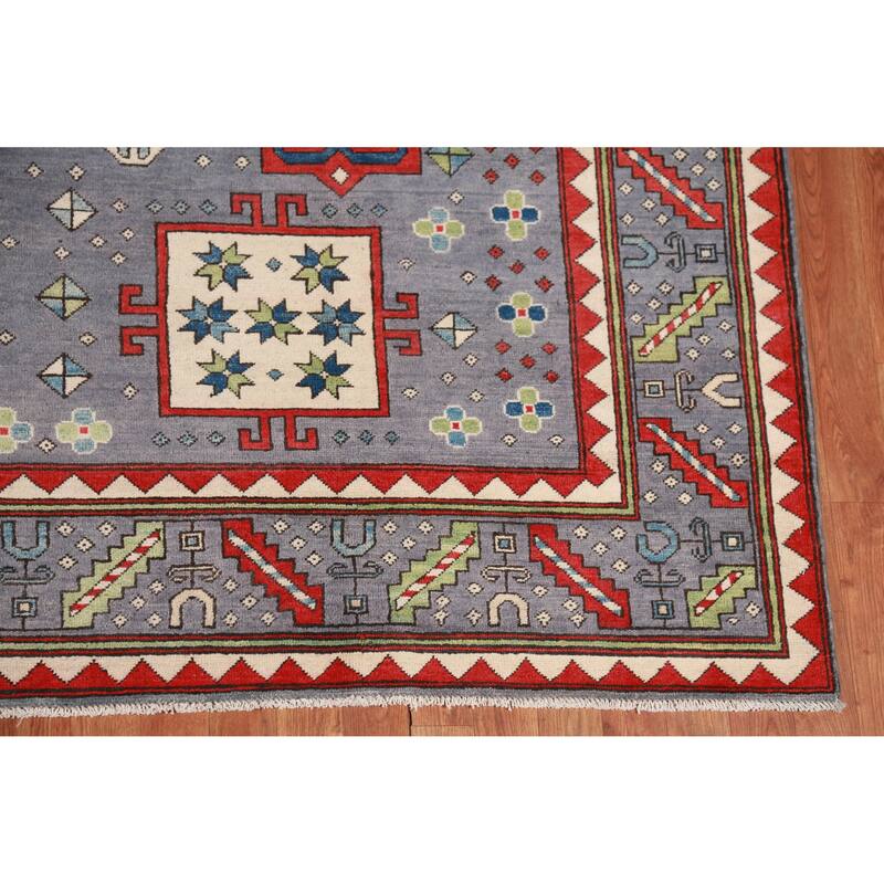 Hand Knotted Oriental 100% Wool Carpet Traditional Medallion Navy Blue & Blues Kazak Area Rug - 9' 7'' X 8' 4''