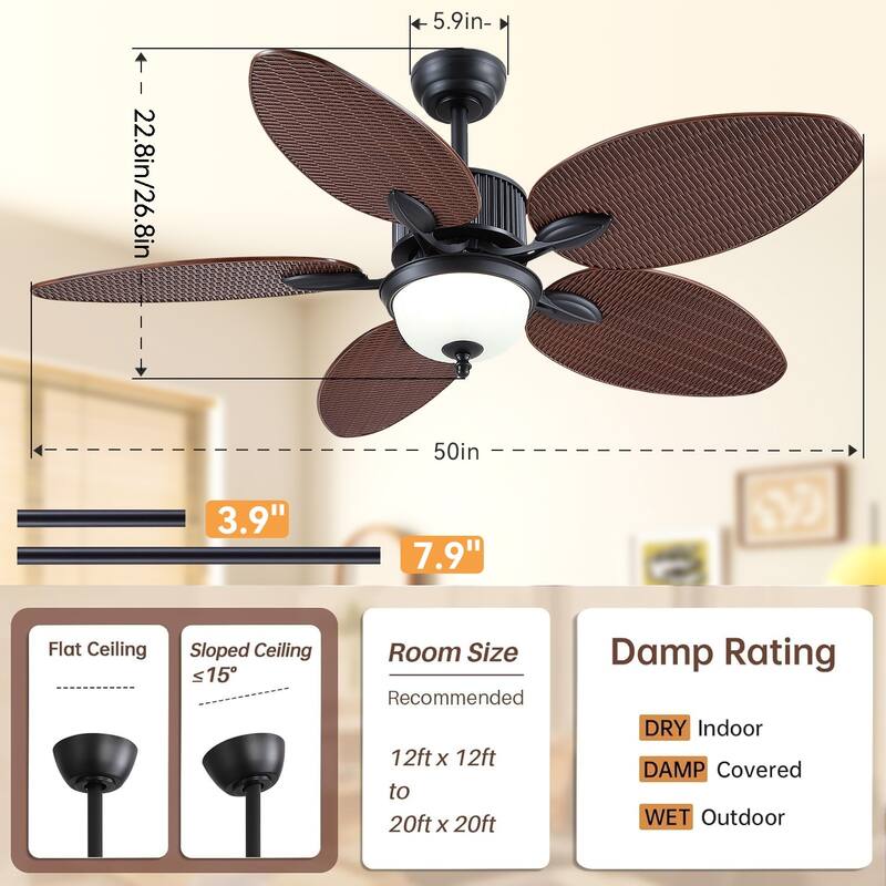 50 Inch Tropical Ceiling Fan with Llight Brown Palm Leaf Blades Glass Light Cover - 50 Inches