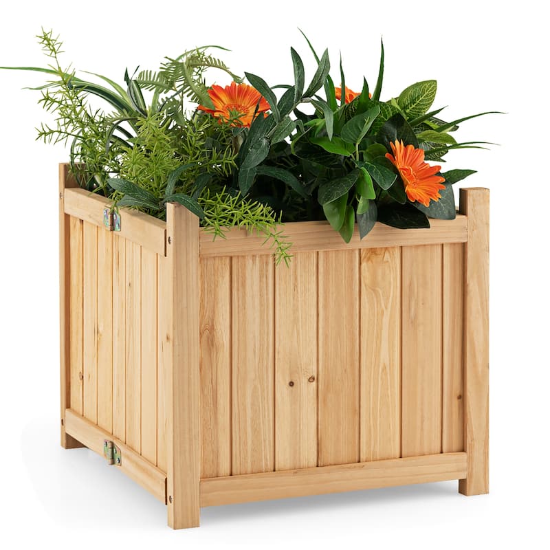 Costway 15" Wooden Planter Box Elevated Outdoor Folding Planter with - 15''Lx15''Wx14''H - Brown - 15''Lx15''Wx14''H