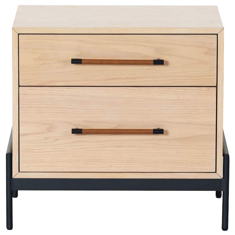 SAFAVIEH Couture Chandri Vegan Leather Wrapped Handle Nightstand - Oak/Black/Brown