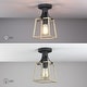 preview thumbnail 4 of 10, 1-Light Black and Wood Farmhouse Open Cage Semi-Flush Mount Ceiling Light - 6.3"W