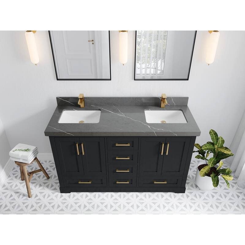 Willow Collection 60 in W x 22 in D x 36 in H Boston Double Bowl Sink Bathroom Vanity with Countertop