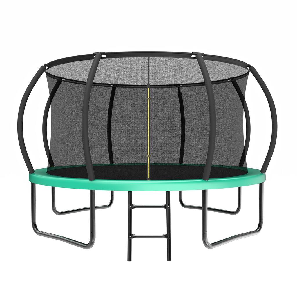 12FT Recreational Kids Trampoline with Safety Enclosure Net, Ladder & Flag Parts for Outdoor