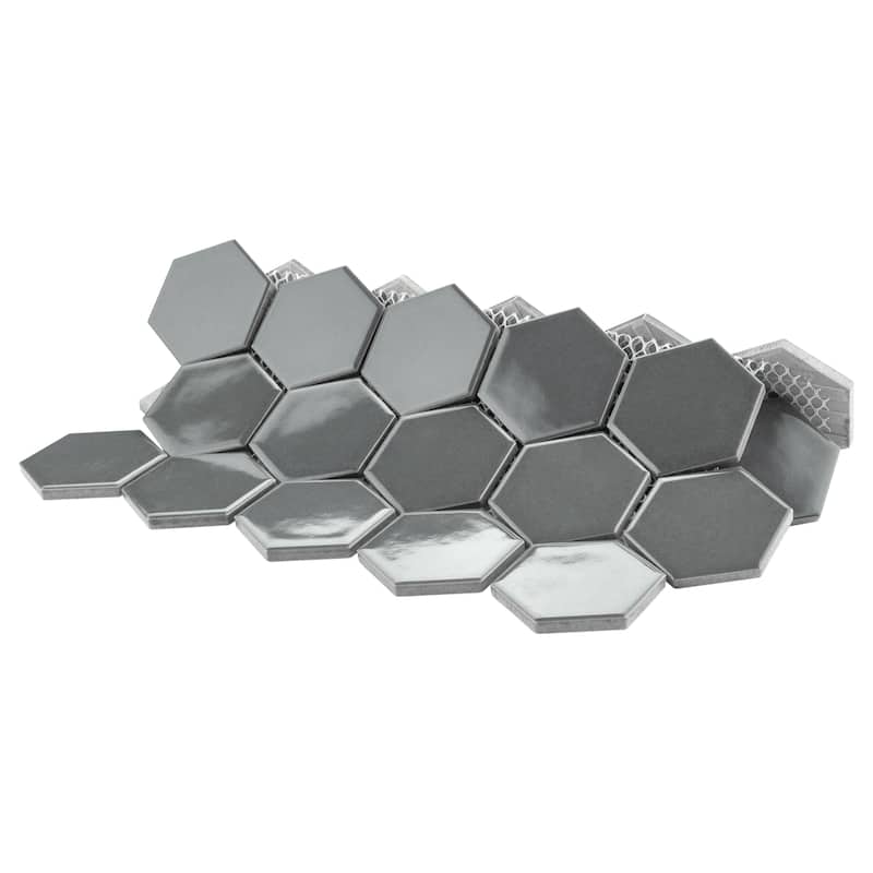 Merola Tile Metro 2" Hex Glossy Grey 11-1/8" x 12-5/8" Porcelain Floor and Wall Tile