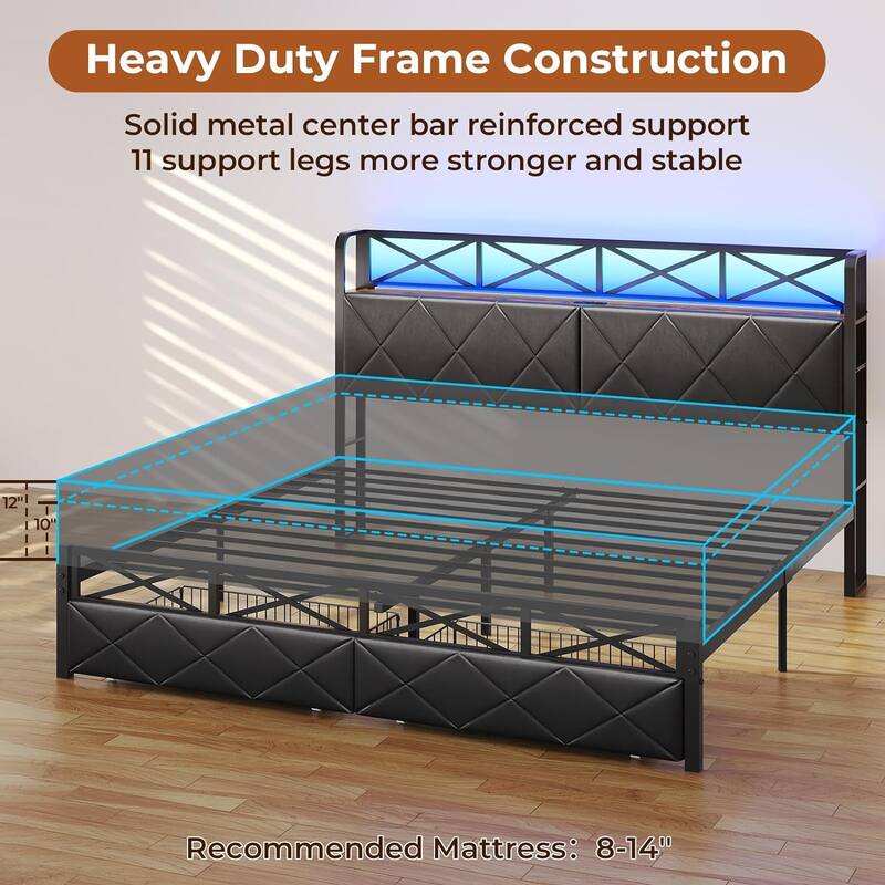 Bed Frame Storage Headboard 2 Drawers Hidden Storage Upholstered Bed