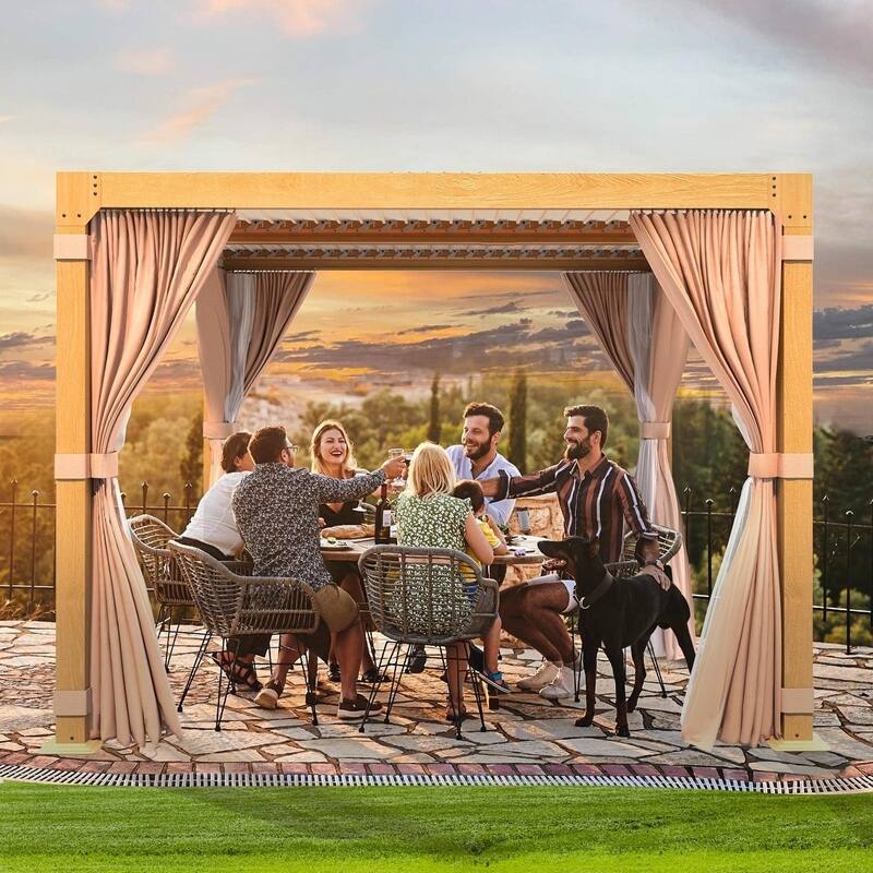 Outdoor Galvanized Steel Roof Gazebo Pergola w Wooden Coated Alumninum Frame, Privacy Curtains and Nettings Include - 10'x10' - Louver