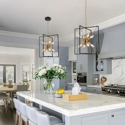 Modern 8-Light Black Gold Sputnik Chandelier Metal Geometric Pendant Lights for Dining Room - 16" L x 15" W x 18" H