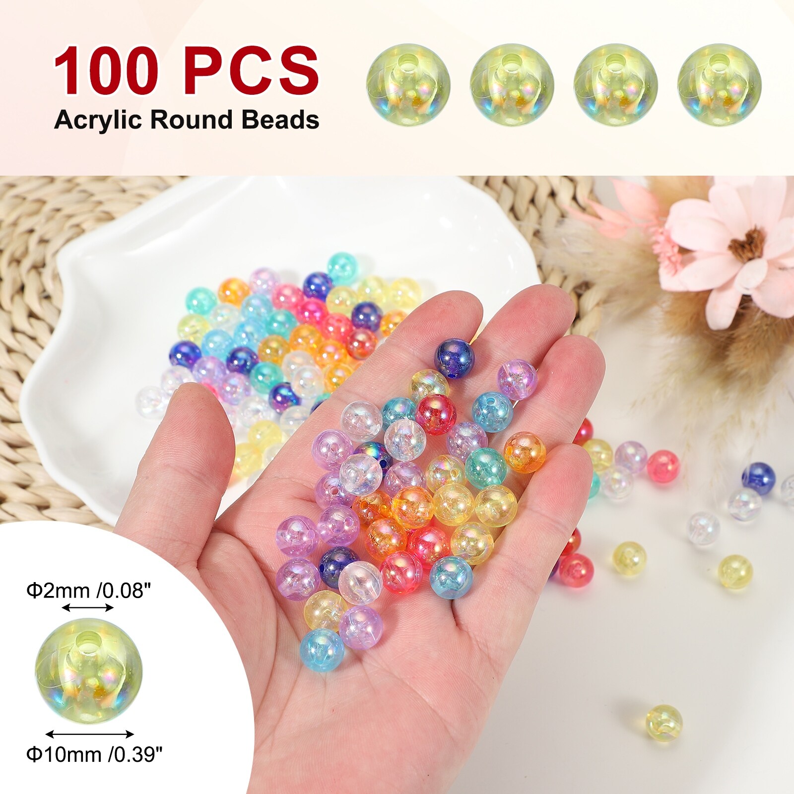 Acrylic Round Beads, AB Colors Round Spacer Beads with Holes Loose Bead Bulk