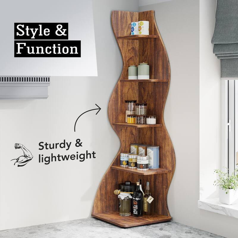 Modern Wood Corner Shelf, 5-Tier Bookshelf Bookcase for Living Room