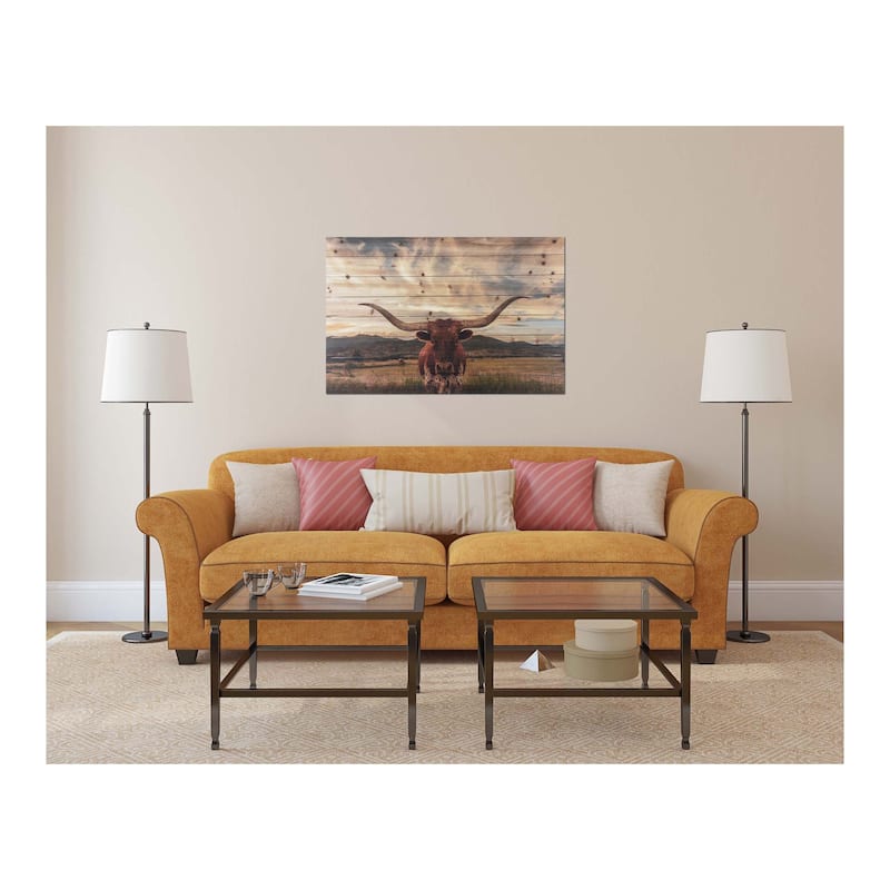 "Longhorn Cow in Field" Photograph Print on Planked Wood Wall Art