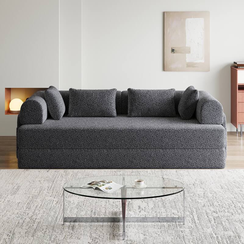 Roomfitters 78.7" Convertible Chenille Sofa Bed, Folding Sleeper Couch with Cylindrical Pillow and Side Pocket, Lounge Sofa - Grey