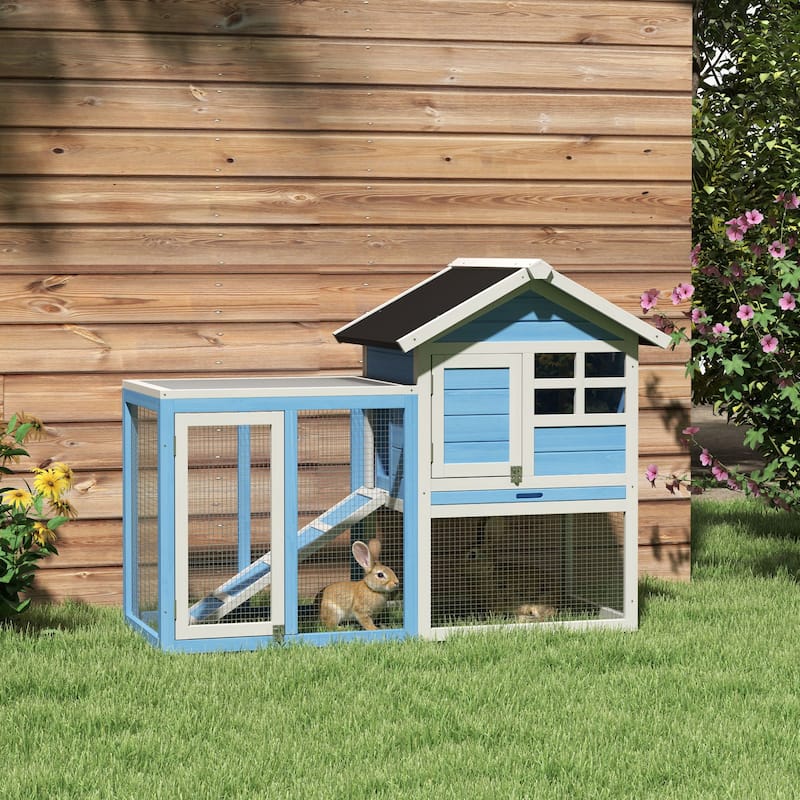 Light Blue Indoor Outdoor Wooden 2-Story Bunny Hutch with Run and Ramp Tray - 48" L x 24.75" W x 36.25" H