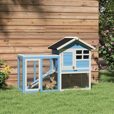 Light Blue Indoor Outdoor Wooden 2-Story Bunny Hutch with Run and Ramp Tray - 48" L x 24.75" W x 36.25" H