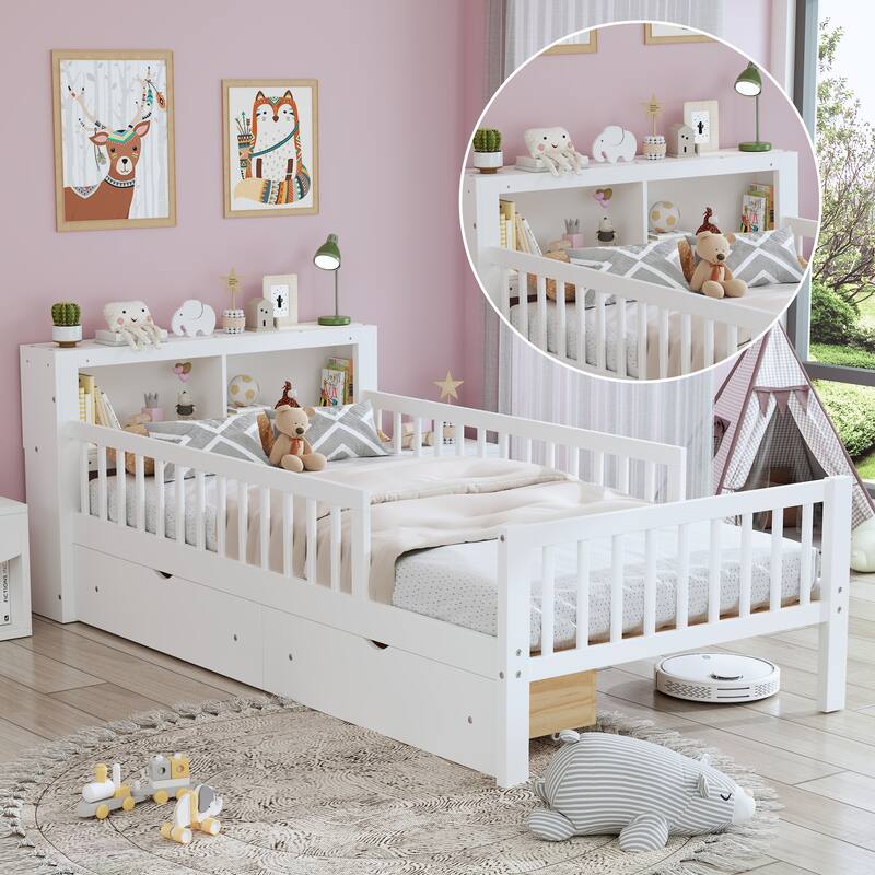 Safe Kids Bed Platform Bed Twin Size Wood Bed Frame with Storage Headboard and 2 Drawers Under, 3-Side Guardrails for Boys Girls