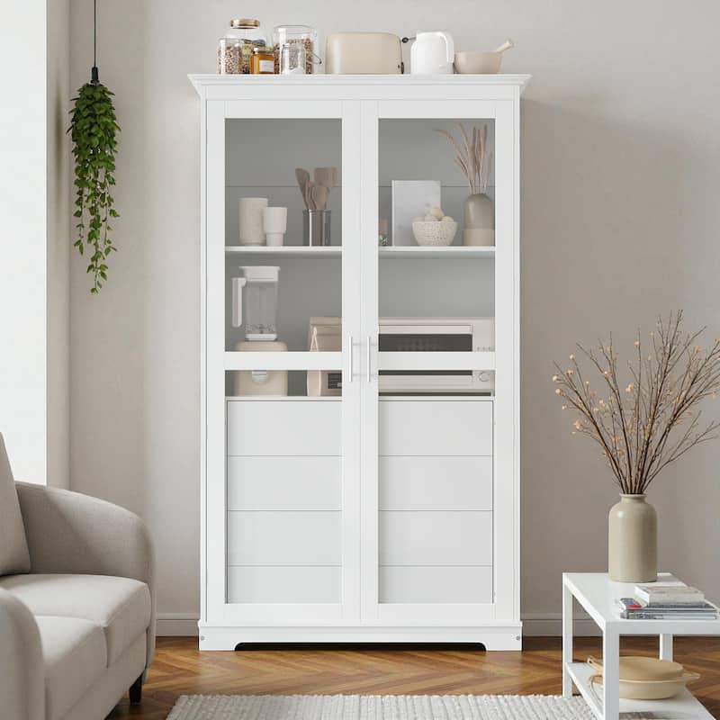 75" Solid Pine Wood Kitchen Pantry Cabinet with Glass Doors and 4 Drawers, Freestanding Storage Display Cabinet for Dining Room - White