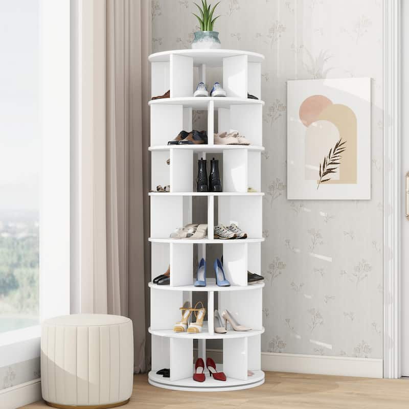 23.6''Rotating Shoe Rack Tower,7-Tier Spinning Shoe Shelf,5 Grids Per Layer,Display Rack,360°Revolving Shoe Carousel Organizer - White