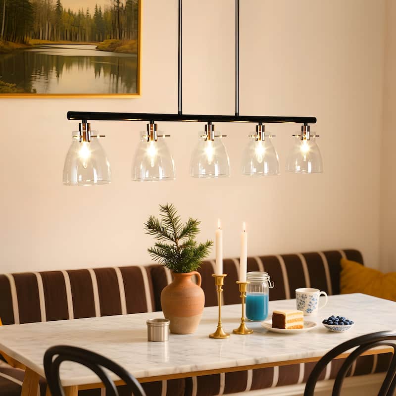 Modern Farmhouse 5-Light Black Gold Chandelier Linear Island Pendant Light for Dining Room - 38"L x 5"W x 7.5"H