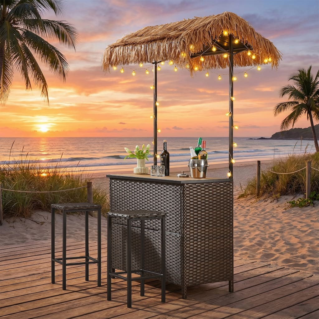 Artisan 3-Piece Wicker Outdoor Bar Set with Canopy, Storage Shelf, and 2 Height Stools - N/A
