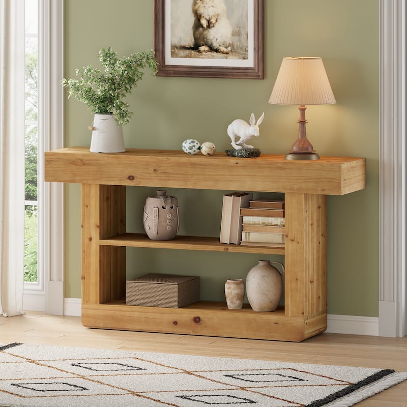 63'' 3-Tier Solid Wood Console Table for Entryway Living Room Hallway - Natural
