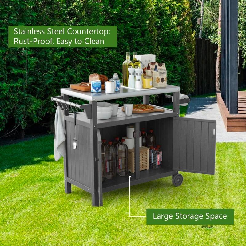 HDPE Portable Outdoor Grill Cart, Waterproof BBQ Prep Table, 304 Stainless Steel Top, Camping Cart 42.12" L x 20.71" W, Black