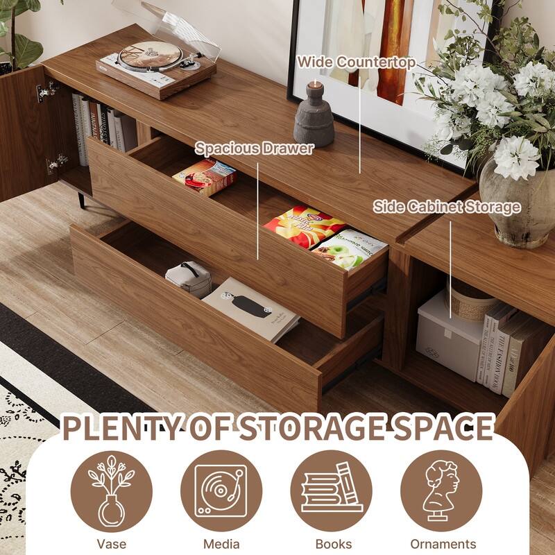 71" Walnut Finish TV Stand with Drawers & Closed Cabinets - Modern Media Console with Open Shelves