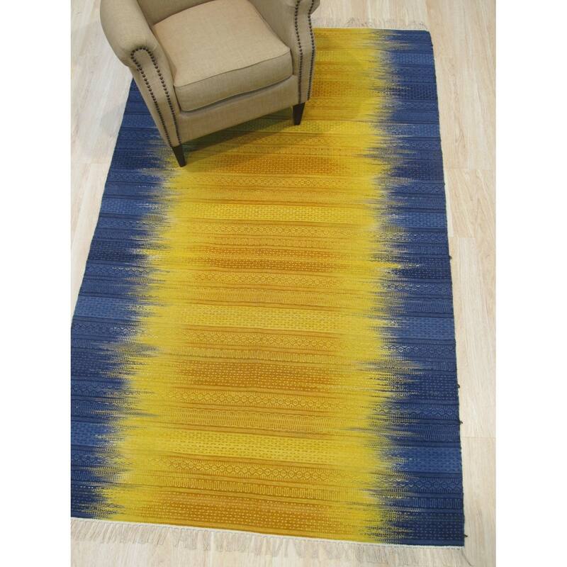 Yellow and Blue Reversible Handmade Wool Flatweave Rug, 9' x 12', Soft Durable Design - L