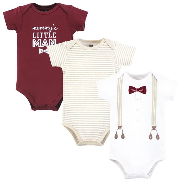 slide 1 of 1, Hudson Baby Infant Boy Cotton Bodysuits, Burgundy Beige Suspender 0-3 Months - Burgundy Beige Suspender