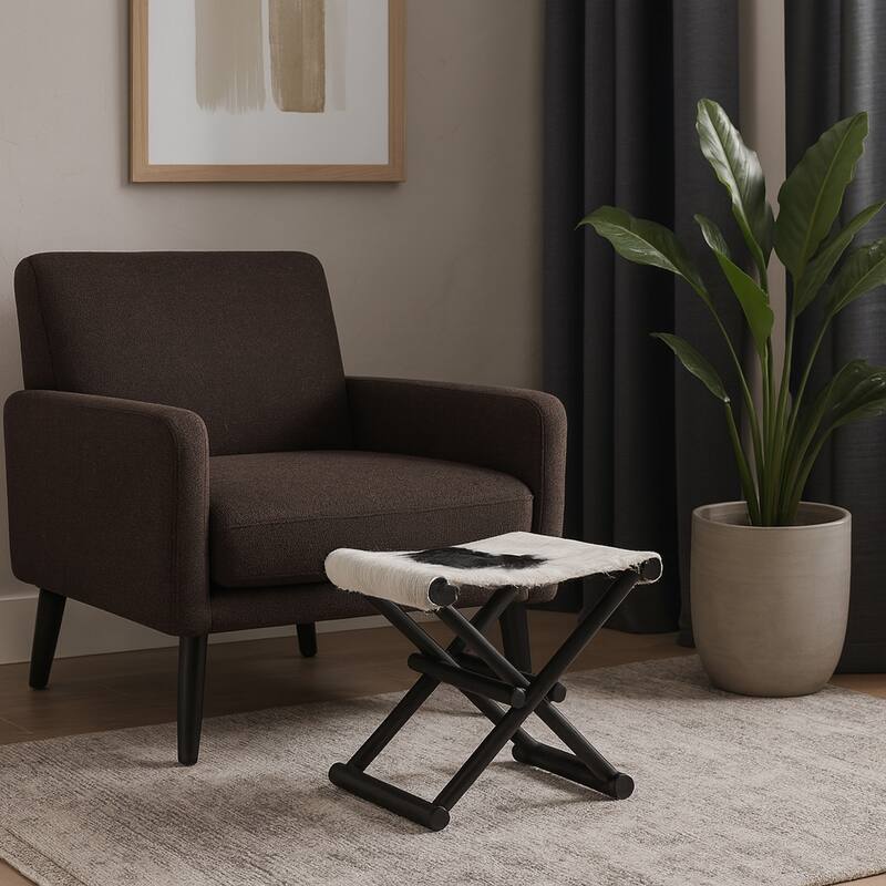 Foldable Backless Cowhide Storage Stool with Solid Wood Frame