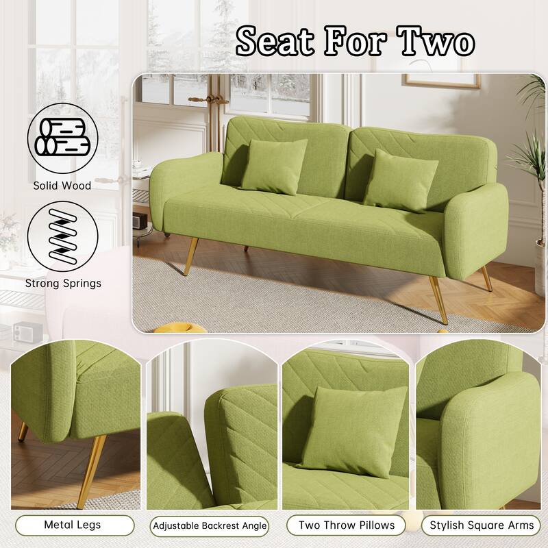Green Linen Upholstered Double Futon Sofa Bed with Adjustable Split Backrest, Two Pillows, and