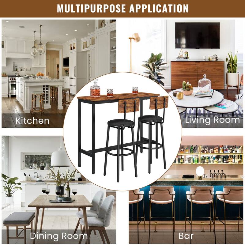3-Piece Bistro Set, Dining Table and Upholstered Stools w/ Backrest