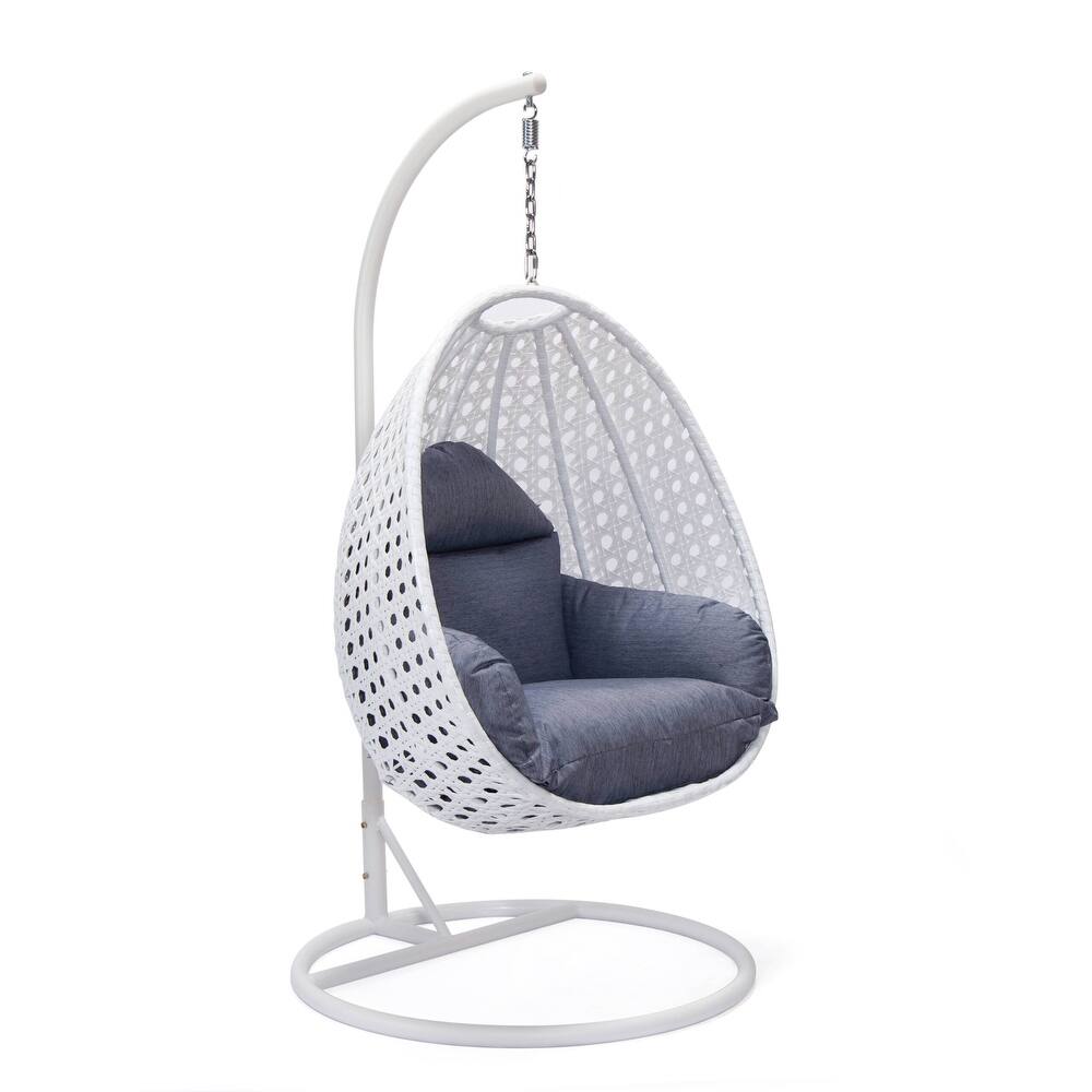 Patio Hanging Egg Swing Chair with White Wicker Shell and Iron Frame for Indoor Outdoor Patio Porch Garden Backyard