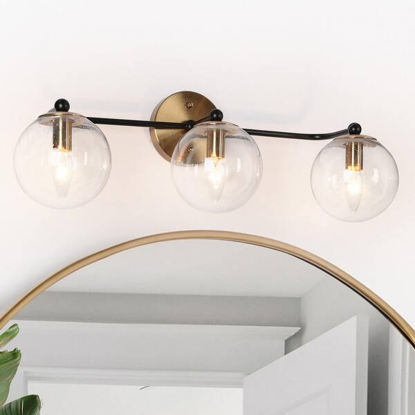 Modern Black Gold 3Light Globe Bathroom Vanity Light Seeded Glass Wall
