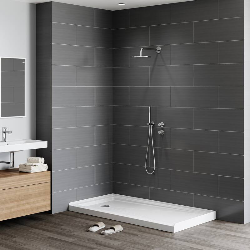 HOROW 60 x 30 Inch Alcove Shower Pan Base in High Gloss White with Wide Threshold Design - Left Drain Location