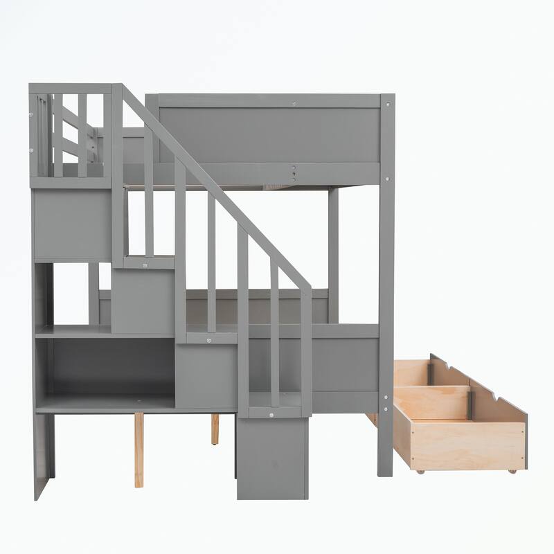 Twin over Full Bunk Bed with Shelfs, Storage Staircase and 2 Drawers