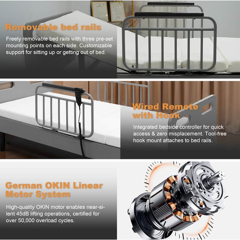 Electric Adjustable Hospital Bed for Home Use with Wired Remote Control, Memory Foam Folding Mattress & Safety Side Rails