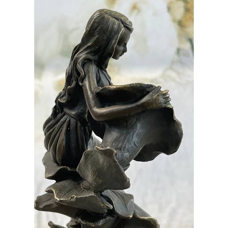 Girl Resting On Flower Bronze Sculpture Statue Figure Fantasy Decor 9 Inches X 5 Inches