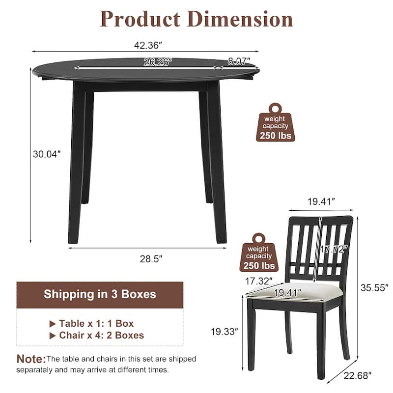5-Piece Round Dining Table Set for 4 People, 1 Folding Wood Dining Table + 4 Upholstered Chairs, for Small Apartments