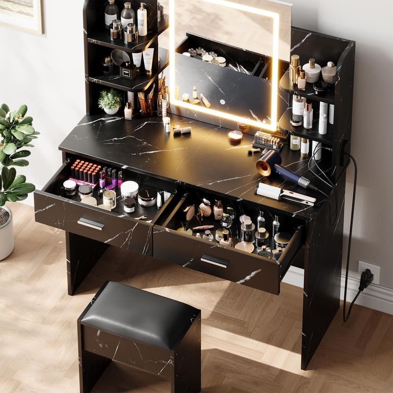 Makeup Vanity Set with Mirror, Stool， Charging Station， 2 Drawers, 6 Shelves