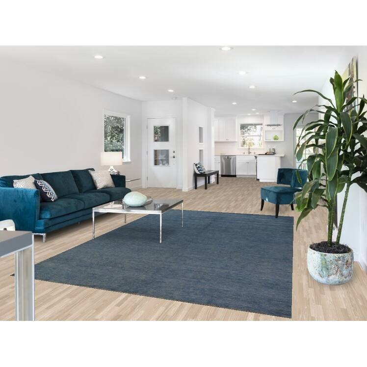 Modern Gabbeh Area Rug Hand-Knotted Oriental Blue Wool Carpet - 6'7" x 9'10"