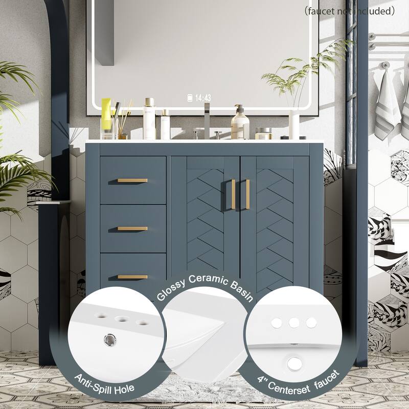36'' Bathroom Vanity with Ceramic Sink Combo, Solid Wood Frame Bathroom Storage Cabinet with 3 Drawers& Soft Closing Doors