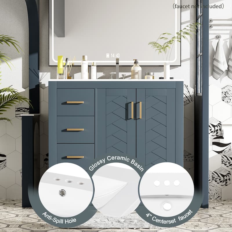 36'' Freestanding Bathroom Vanity Set–Features a Ceramic Sink, Solid Wood Frame,3 Soft-Closing Drawers, and Ample Storage Space.