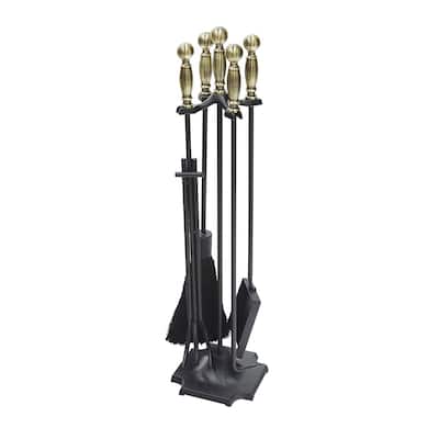 Achla Designs Carlisle Fireplace Set of 4 Tools, 30.5 Inch Tall, Antique Brass and Black