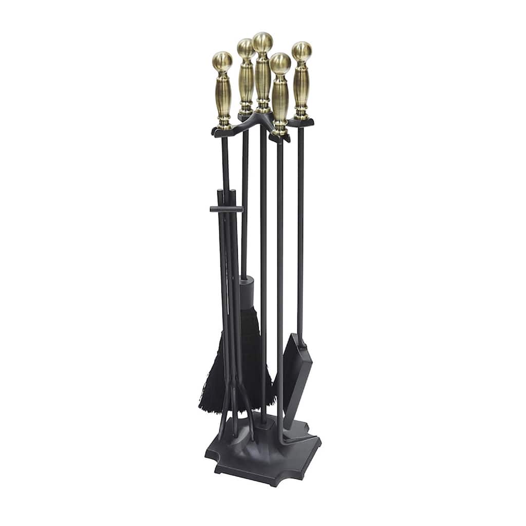 Achla Designs Carlisle Fireplace Set of 4 Tools, 30.5 Inch Tall, Antique Brass and Black