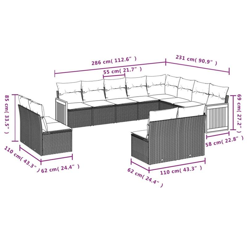 vidaXL 12/13 Piece Patio Sofa Set with Cushions Black/Gray Poly Rattan - 21.7 x 24.4 x 27.2