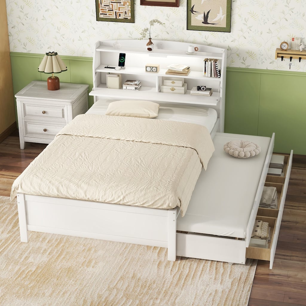 Full Size Platform Bed with Bookcase Headboard & USB Ports Outlets, Wooden Storage LED Bed Frame with Trundle & Storage Drawers